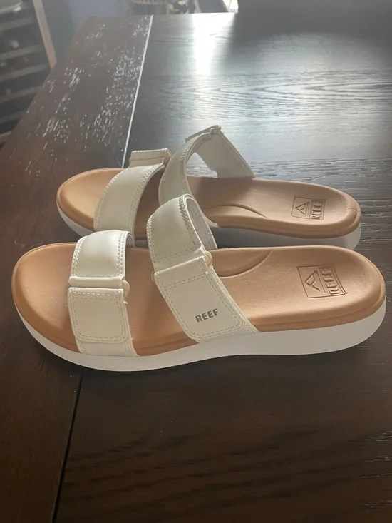 Reef Women’s White Double-Strap Slide Sandals with Tan Footbed - Picture 2 of 5